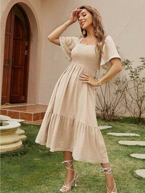 Simple Beige Smocked Square-Neck Maxi Dress